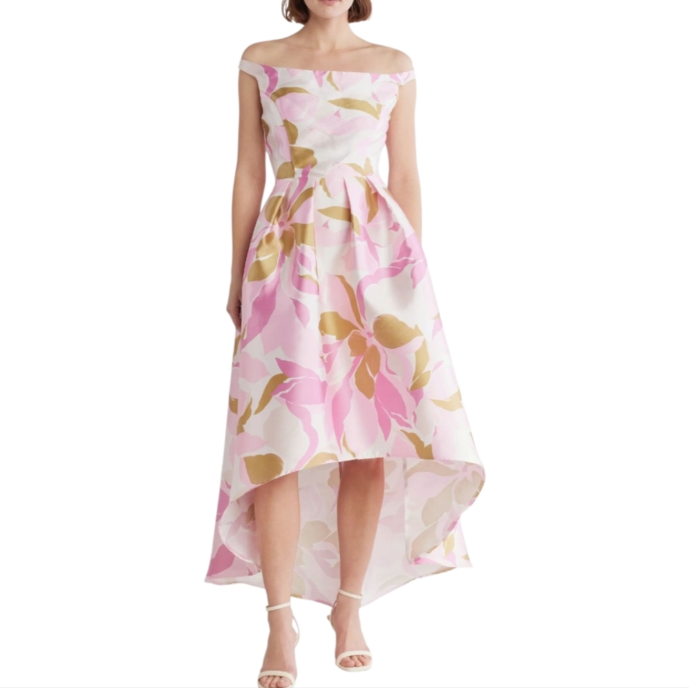 DONNA RICCO OFF‎ THE SHOULDER Pink Floral Satin Party HIGH LOW EVENING DRESS 12